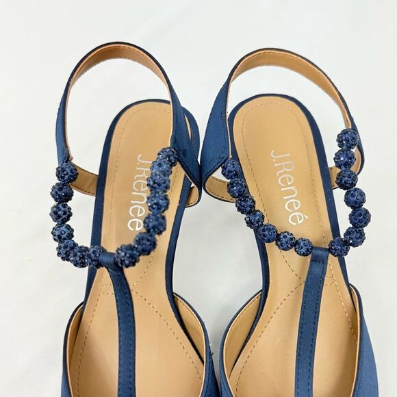 J. Renee NIMAH Navy Blue Sparkle Bead Pointed Toe T Strap Slingback Heels - Picture 10 of 16